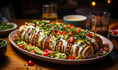 Delicious Enchiladas Topped with Melted Cheese and Fresh Cilantro on a Wooden Kitchen Table