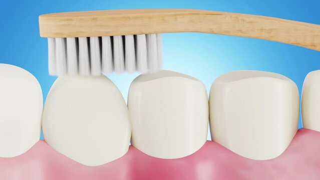 A wooden toothbrush is cleaning the dirt on the teeth. Yellow teeth become bright white. 3D animation mouth and teeth for branding promotion