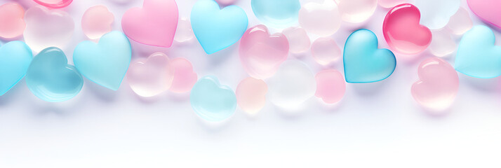 Valentine's Day background, with voluminous transparent hearts, with copy space, in soft white...