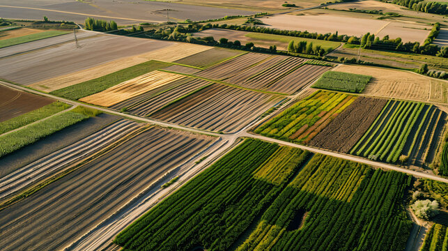 An aerial view of a large agricultural complex with diverse crop patterns.