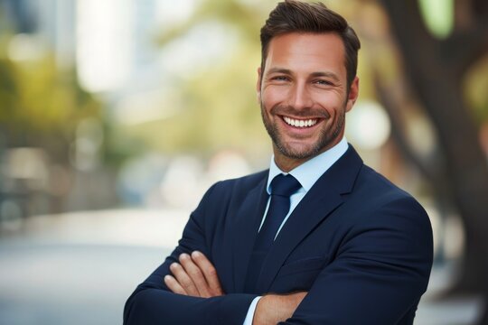 young, happy, and handsome professional businessman. smiling face, radiating confidence and positivity. standing outdoors on a street, arms crossed