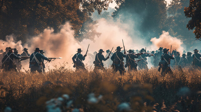 An American Civil War scene with Union and Confederate soldiers in a fierce firefight.