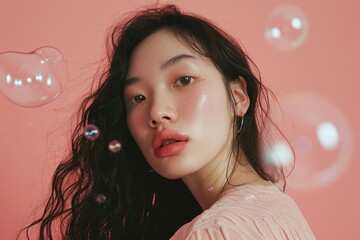 Studio portrait of a young Asian model with a pastel pink background and floating bubbles