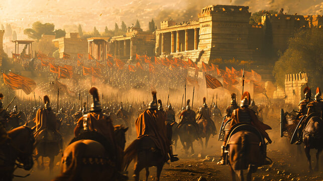 An ancient war scene with Roman legions chariots and epic battles.