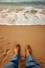 Fototapeta premium Seaside Serenity: Relaxing Moment Captured with Male Feet on the Sandy Shore