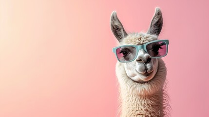 Llamazing vibes! Creative animal concept with a llama rocking sunglass shade glasses on a solid pastel background. Unleash surreal charm for commercial and editorial greatness.