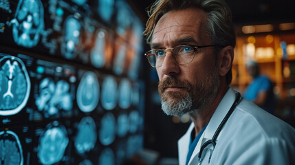A cinematic shot of a handsome doctor in a modern clinic, examining medical imagery on a digital screen with a focused expression, symbolizing the precision and expertise in his di