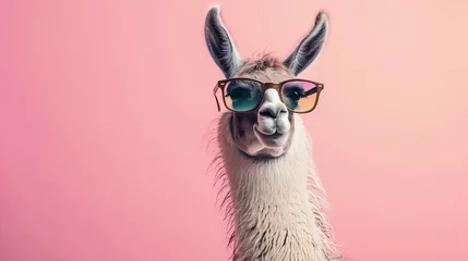 Tuinposter Llamazing vibes! Creative animal concept with a llama rocking sunglass shade glasses on a solid pastel background. Unleash surreal charm for commercial and editorial greatness. © Alex
