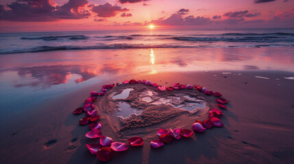 Sunset over ocean with heart shape made of rose petals on sandy beach