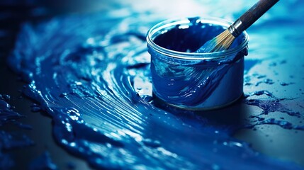 Blue paint can with brush