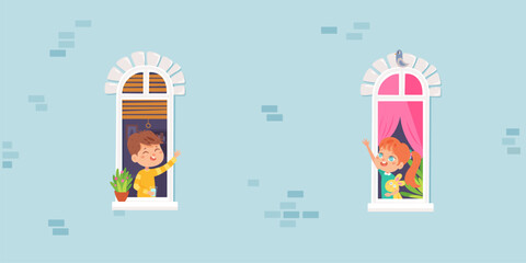 Children look from house windows in the morning greeting neighbors. Girls and boys stay at home. Cartoon neighborhood vector illustration . COVID-19 pandemic concept design