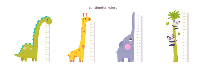 Kids height ruler in centimeters for growth measure. Cute animals set vector illustration for kindergarten or home. Wall sticker with cheerful giraffe, dinosaur, elephant and pandas