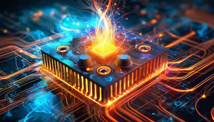 Digital art of a vibrant and scientific image showcasing an electronic chip with electrifying energy waves