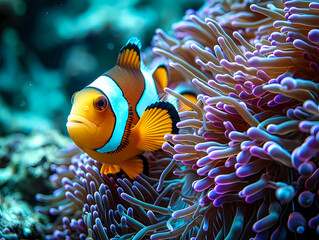 An Underwater Close-Up Of A Colorful Clownfish, A Clown Fish Swimming In Anemone