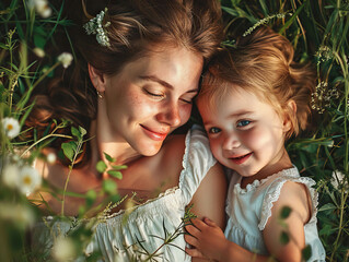 Mother and daughter lying on the grass happy mothers day photography, Generative AI