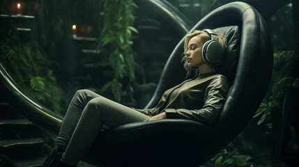 Frau sitzt mit Kopfhörern in einem ergonomischen Stuhl und hört Musik. Waldartiger futuristischer Raum. Konzept: Kontrast zwischen Technologie und Natur. Illustration - obrazy, fototapety, plakaty