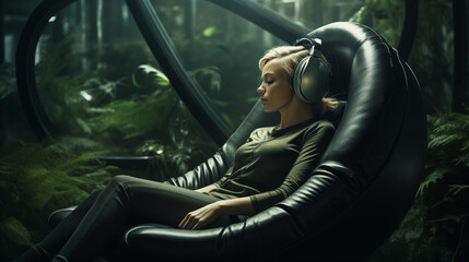 Frau sitzt mit Kopfhörern in einem ergonomischen Stuhl und hört Musik. Waldartiger futuristischer Raum. Konzept: Kontrast zwischen Technologie und Natur. Illustration - obrazy, fototapety, plakaty