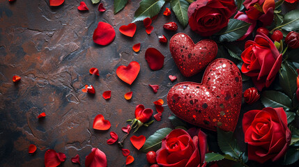 valentines day decor with red heart-shaped chocolate and red rose wallpaper, Generative AI