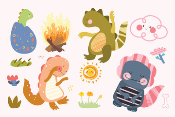 Collection of cute baby dinosaurs.  Set of flat cartoon vector illustrations    sun, clouds, flowers, eggs, fire . Vector illustration.