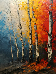 Forests Landscape, A Painting Of Trees With Orange And Blue Colors