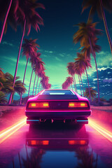 Miami Vice Revival: Retro Futuristic Sport Car Racing Along Ocean Beach with Neon Lights