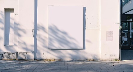  blank billboard hanging on the side of a building. The billboard is white, mock up poster, advertisement