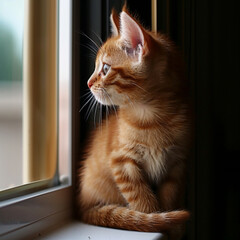 Ginger kitten sitting on the windowsill inside the house and looking out the window