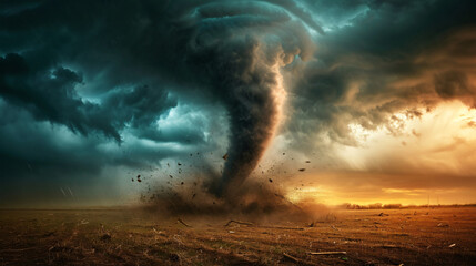 An image of a tornado touching down in an open field with debris swirling and dark storm clouds overhead.