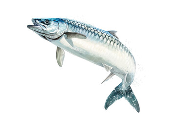 An Atlantic tarpon in mid-leap displays its impressive leaping posture against a clear, clear background.