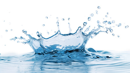 A dynamic water splash captured in high definition with droplets suspended in the air, isolated against a white background.