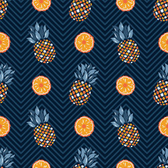 Pineapple Seamless Chevron Pattern. Floral Summer Colorful Background with Pineapples Tropical Fruits, Slices and Leaves. Vector Illustration.