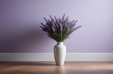 vase of lavender on parquet floor of room. cozy home interior in pastel violet tones.