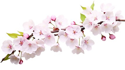 Spring sakura cherry blooming flowers bouquet. Isolated realistic pink petals, blossom, branches, leaves vector set. Design spring tree illustration, generative ai - obrazy, fototapety, plakaty