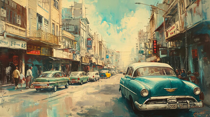 City street illustration painting with vintage style