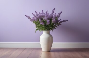 interior design, cozy home. vase of lavender on floor near wall in pastel violet tones.