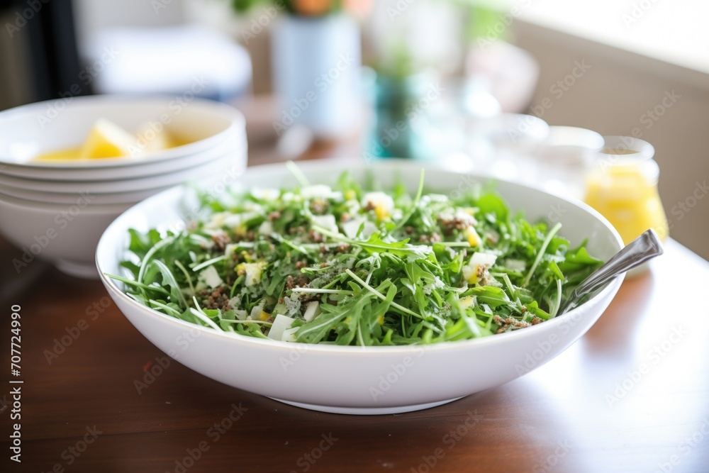 Poster arugula and quinoa salad with lemon dressing drizzle