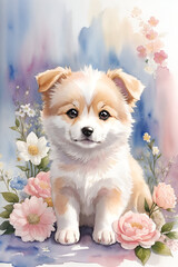 Cute Chihuahua puppy with flowers. Digital painting.