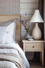 Scandinavian Serenity: Wooden Bedside Cabinet and Lamp in Modern Bedroom