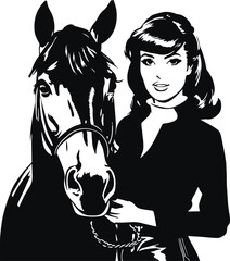 Vintage woman and horse, Retro woman in suit and horse, Farm Logo Vector Illustration