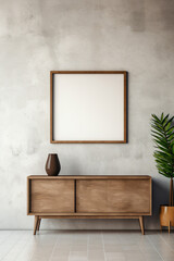 Mock-Up Minimalism: Rustic Living Room Design with Wooden Cabinet and Poster Frame
