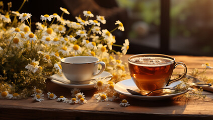 Fototapeta premium cup of coffee and flowers