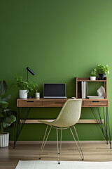 Minimalist Harmony: Modern Living Room with Wooden Desk and Sleek Metal Chair