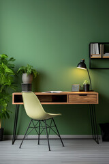 Green Oasis: Stylish Wooden Desk and Wire Chair Against a Vibrant Living Room Wall