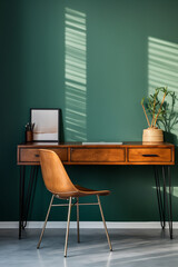Green Oasis: Stylish Wooden Desk and Wire Chair Against a Vibrant Living Room Wall