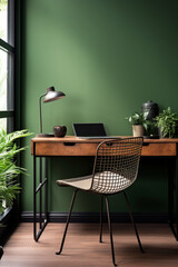 Green Oasis: Stylish Wooden Desk and Wire Chair Against a Vibrant Living Room Wall