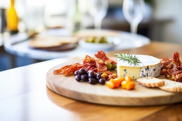 camembert on a cheese board with olives and sun-dried tomatoes