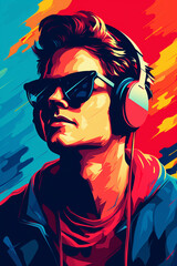 Soundwaves of Style: Young Man Grooving in Pop Art Retro Glory