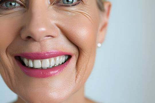 A close-up shot of the lower portion of a mature woman's face. She Charming smile with immaculate teeth for dental service promotions