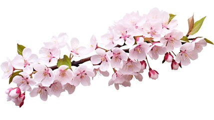 Spring sakura cherry blooming flowers bouquet. Isolated realistic pink petals, blossom, branches, leaves vector set. Design spring tree illustration, generative ai