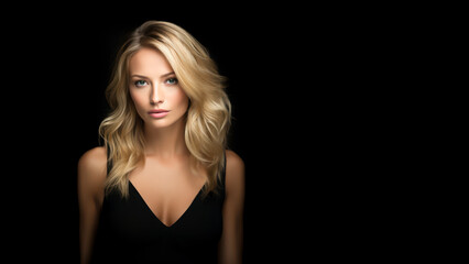 Beautiful blue eyed blonde young woman standing against a black background with copy space for texxt